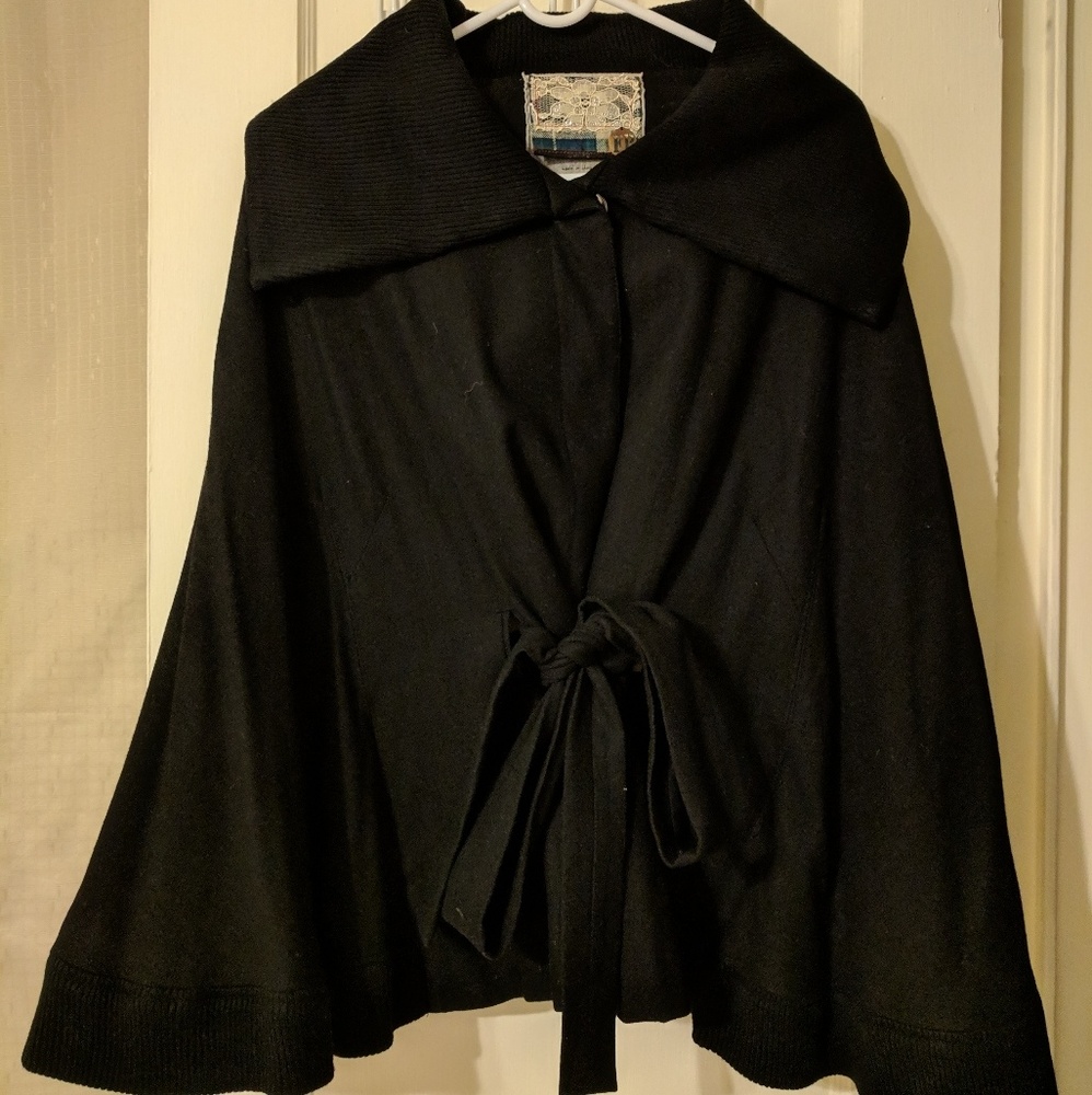 Free People Black Wool Belted Cape Coat (Size L)
